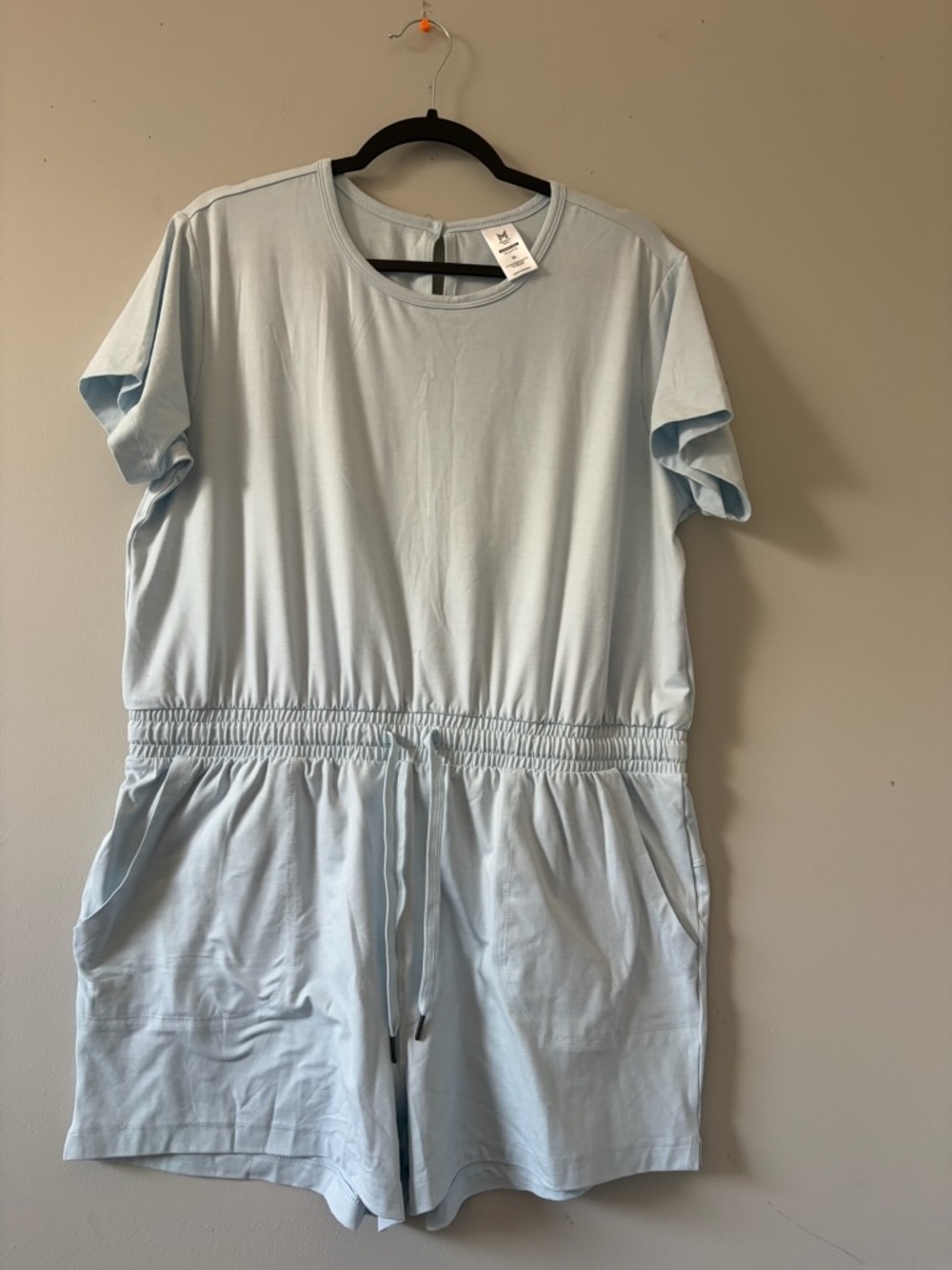 Light Blue Short Sleeve Romper with Drawstring Waist